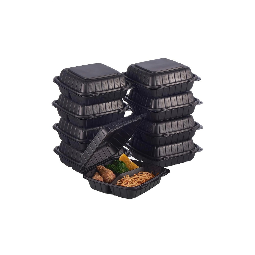 8x8 3-Compartment Plastic Clamshell Takeout Food Trays 50-Pack Black Togo Box